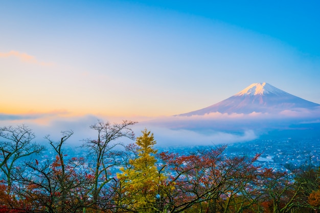 Free photo beautiful landscape of mountain fuji around maple leaf tree in autumn season