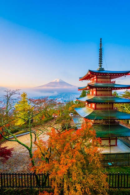 Beautiful landscape of mountain fuji with chureito pagoda around maple leaf tree in autumn season