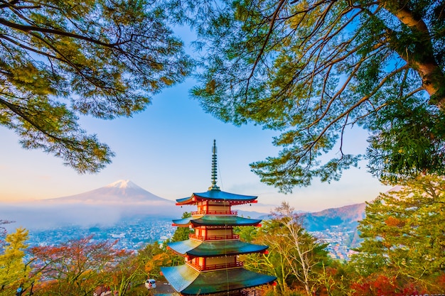 Free Photo beautiful landscape of mountain fuji with chureito pagoda around maple leaf tree in autumn 