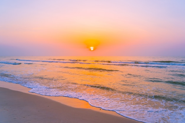 Beautiful landscape outdoor sea ocean and beach at sunrise or sunset time