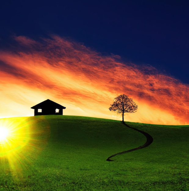 Free photo beautiful landscape with green grass field and lone house and tree generative ai