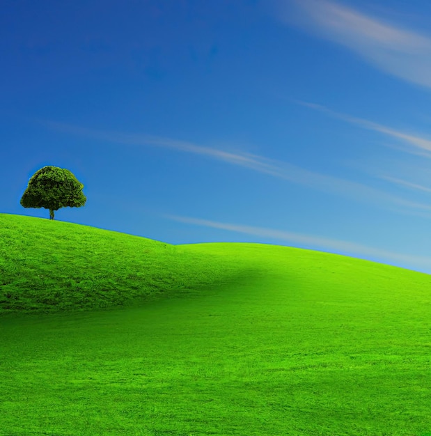 Free photo beautiful landscape with green grass field and lone tree generative ai