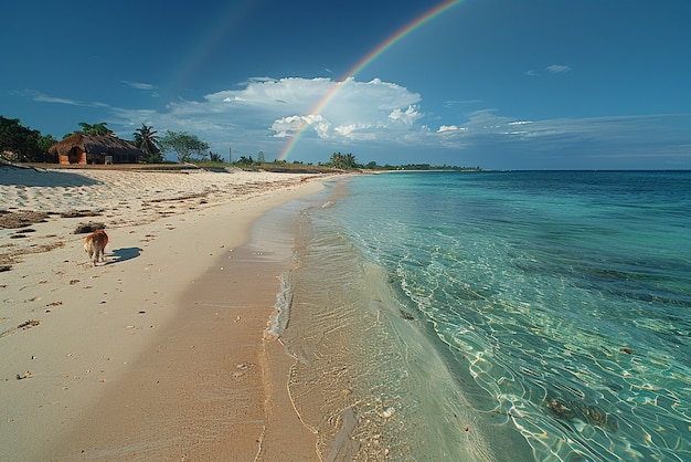 Free photo beautiful landscape with rainbow on a beach