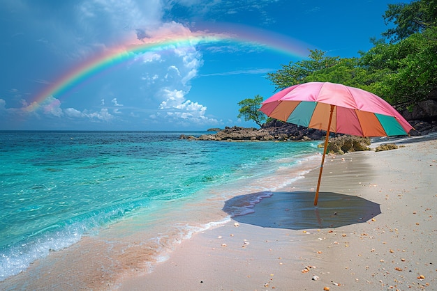 Free photo beautiful landscape with rainbow on a beach