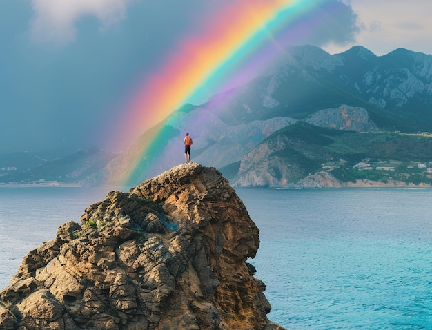 Free photo beautiful landscape with rainbow on a beach