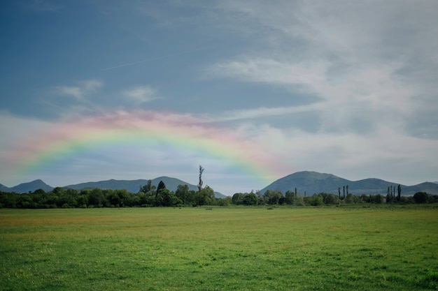 Beautiful landscape with rainbow and meadow