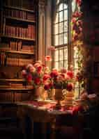 Free photo beautiful library  with roses