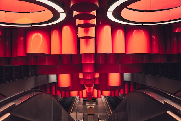 Beautiful modern decoration inside a building with escalators in Brussels, Belgium