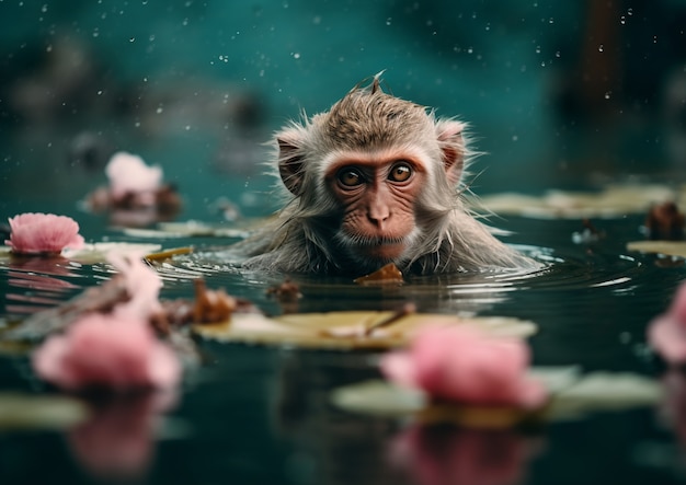 Free photo beautiful monkey swimming