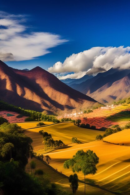 A beautiful mountain landscape with a blue sky and clouds.