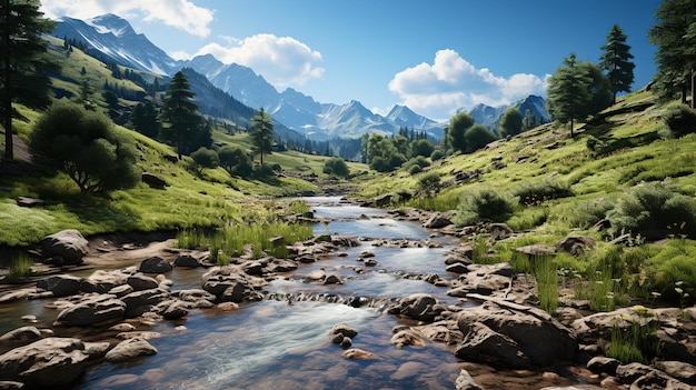 Beautiful mountain landscape with a small river and high mountains in the background