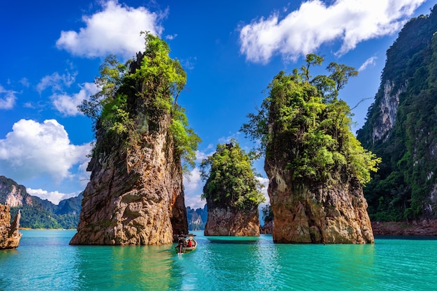 Beautiful mountains in Ratchaprapha Dam at Khao Sok National Park, Surat Thani Province, Thailand.