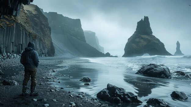 Beautiful nature landscape with black sandy beach and ocean