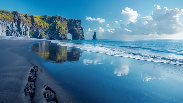 Free photo beautiful nature landscape with black sandy beach and ocean