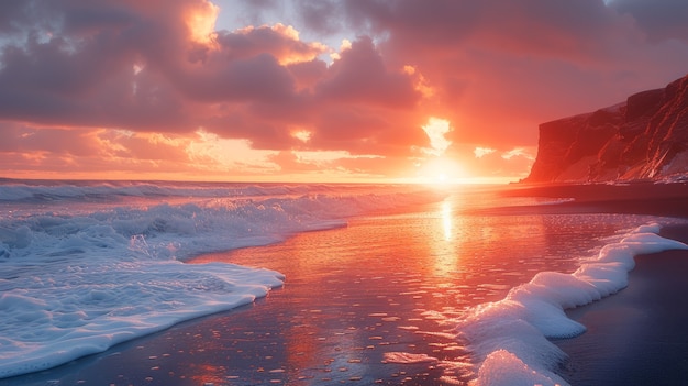 Beautiful nature landscape with black sandy beach and ocean