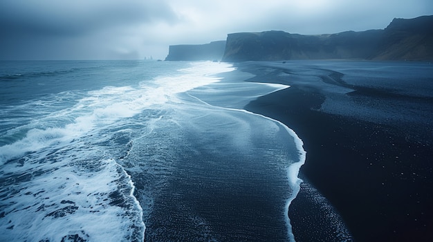 Free photo beautiful nature landscape with black sandy beach and ocean