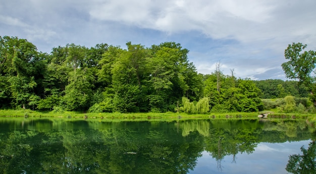 Beautiful nature of Maksimir Park in Zagreb reflected in the water