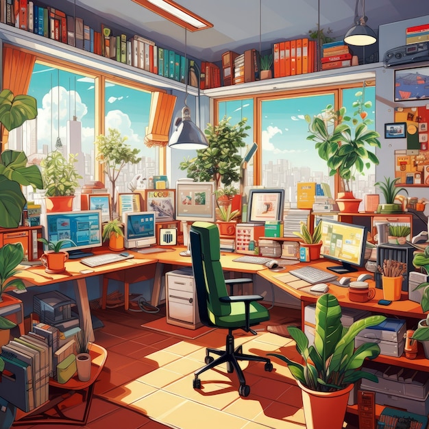 Free Photo beautiful office space in cartoon style