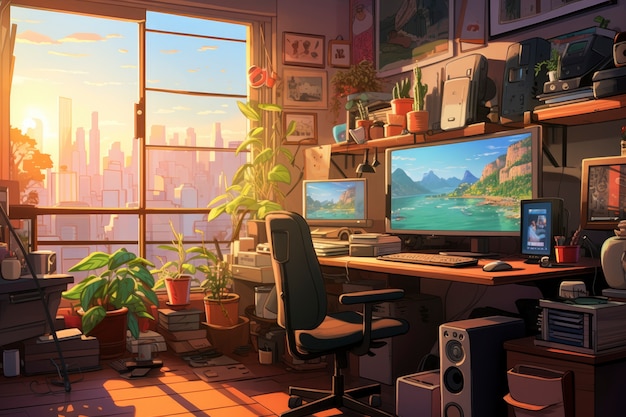 Free Photo beautiful office space in cartoon style