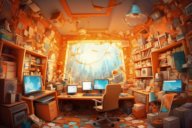 Free Photo beautiful office space in cartoon style