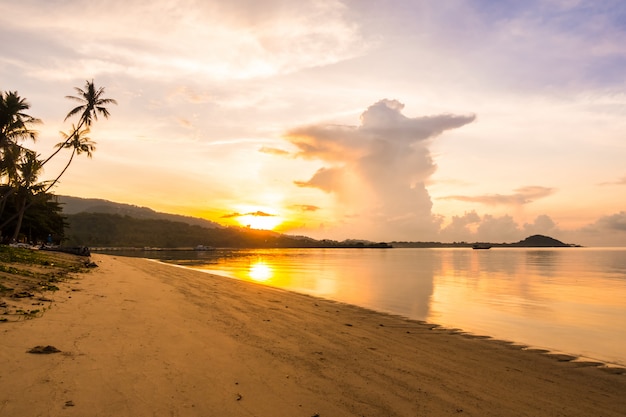 Beautiful outdoor view ocean and beach with tropical coconut palm tree at sunrise time