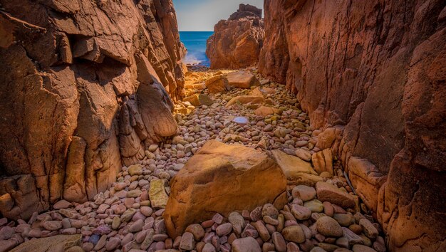 Beautiful panoramic shot of cliffs and rocks with a sea