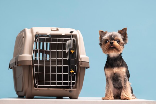 Beautiful pet portrait of small dog with cage