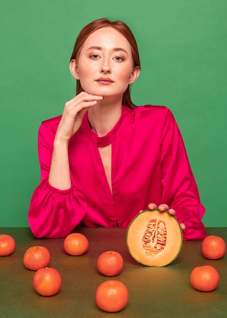 Free Photo beautiful redhead woman holding a melon