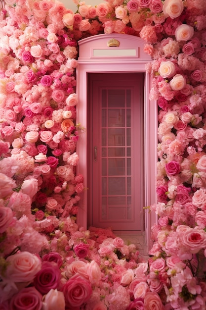 Free photo beautiful roses arrangement with pink door