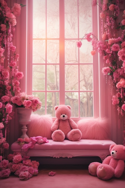 Free photo beautiful roses with cute teddy bear