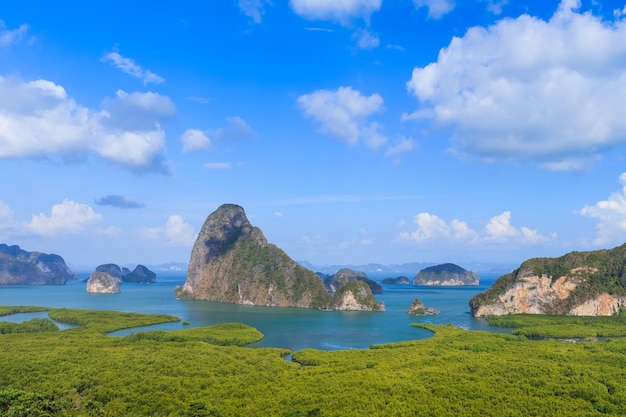 Beautiful Samet Nangshe viewpoint over Phnagnga Bay scenic with mangrove forest and mountains in Andaman sea near Phuket Thailand