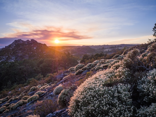 Beautiful scenery of the breathtaking sunset at Montesinho Natural Park in Portugal