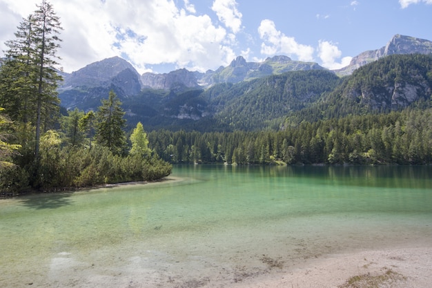 Beautiful scenery of a clear calm river in a forest with mountains and hills