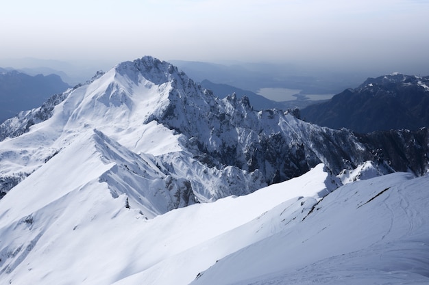 Beautiful scenery of clear white snowy mountains and hills