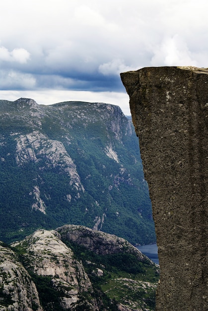 Free photo beautiful scenery of famous preikestolen cliffs near a lake under a cloudy sky in stavanger, norway