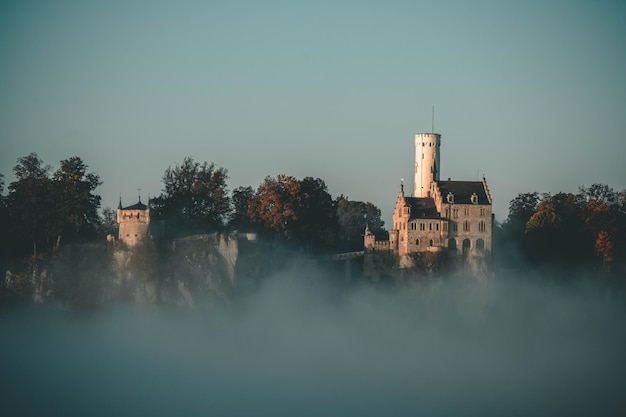 Free photo beautiful scenery of the lichtenstein castle germany next to green trees under a blue sky