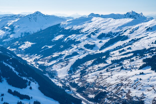 Beautiful scenery of mountains covered with snow in Switzerland