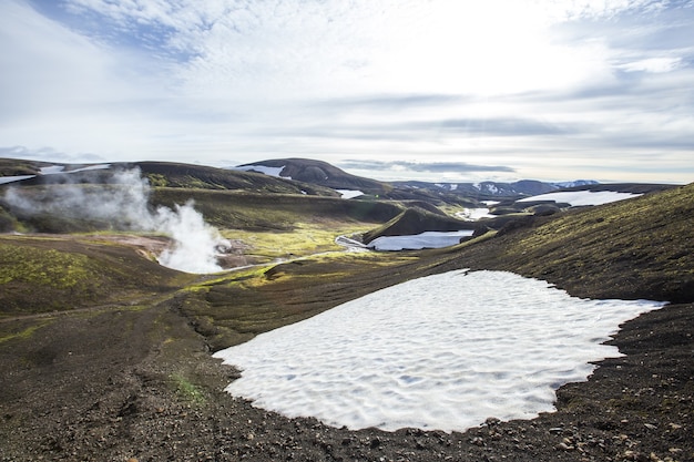 Beautiful scenery of  pools of boiling water and snow in the mountains