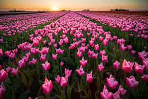 Free photo beautiful scenery of a tulips field under the sunset sky