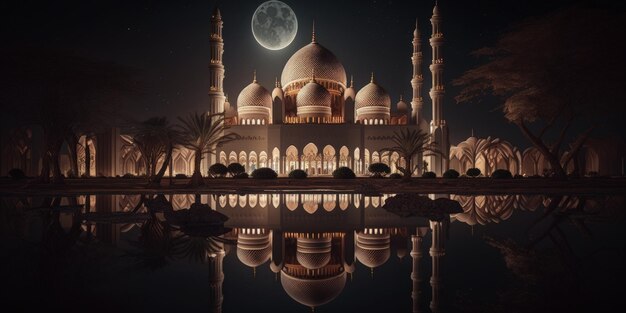 The beautiful serene mosque at night in the blessed month of ramadan the illuminated generative ai