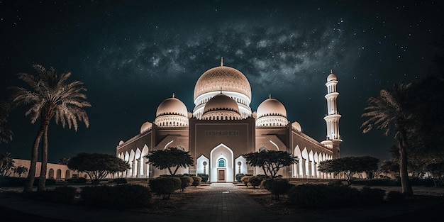 The beautiful serene mosque at night in the blessed month of ramadan the illuminated generative ai