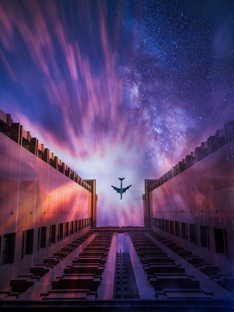 Beautiful shot of an airplane going over the building with a starry sky in the background