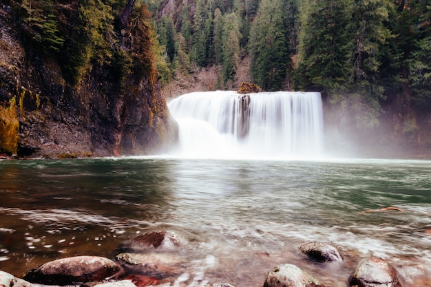 Free Photo beautiful shot of a beautiful large wide waterfall in a forest surrounded by greenery