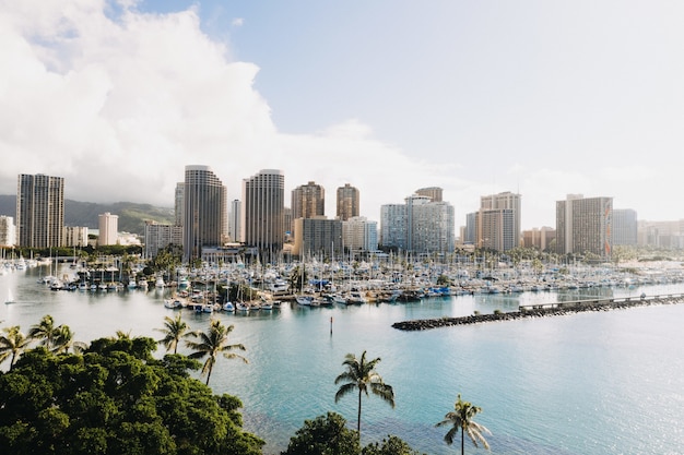 Beautiful shot of city buildings with lots of boats in the sea