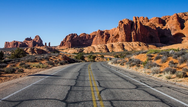 Free photo beautiful shot of an empty road in the middle of a desert with bushes and cliffs in the distance