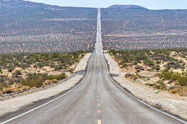 Beautiful shot of a long straight concrete road in between the desert field