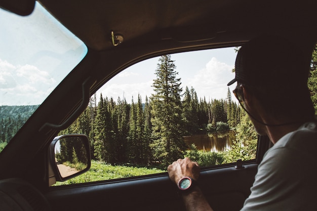 Free photo beautiful shot of a male sitting in the car enjoying the view of pine trees near the pond