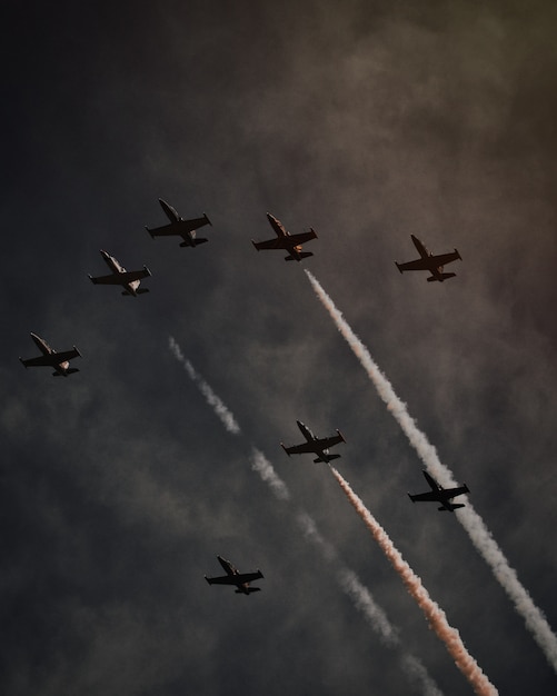 Free photo beautiful shot of many planes in the gray sky performing operations and pirouetting