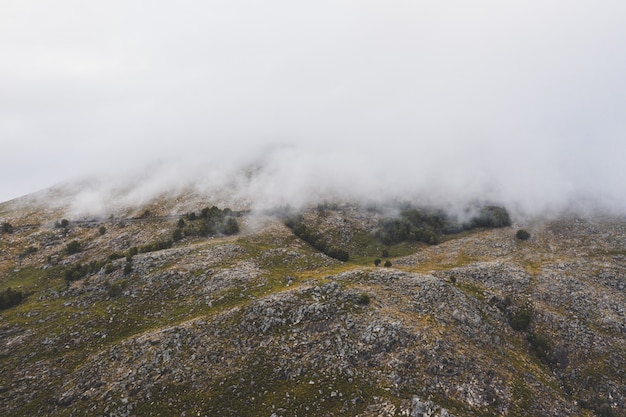 Free photo beautiful shot of a mountain covered with white thick clouds