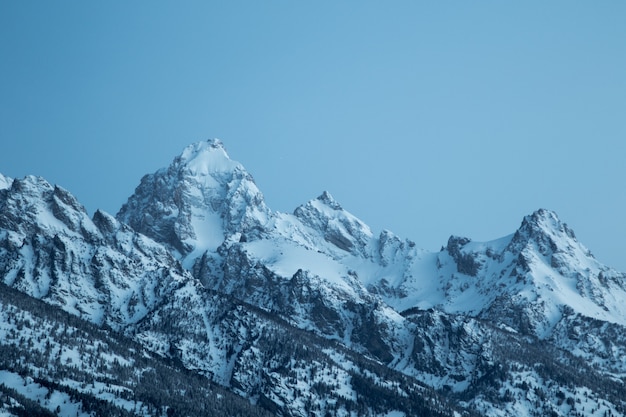 Free photo beautiful shot of mountains covered in snow under a clear blue sky